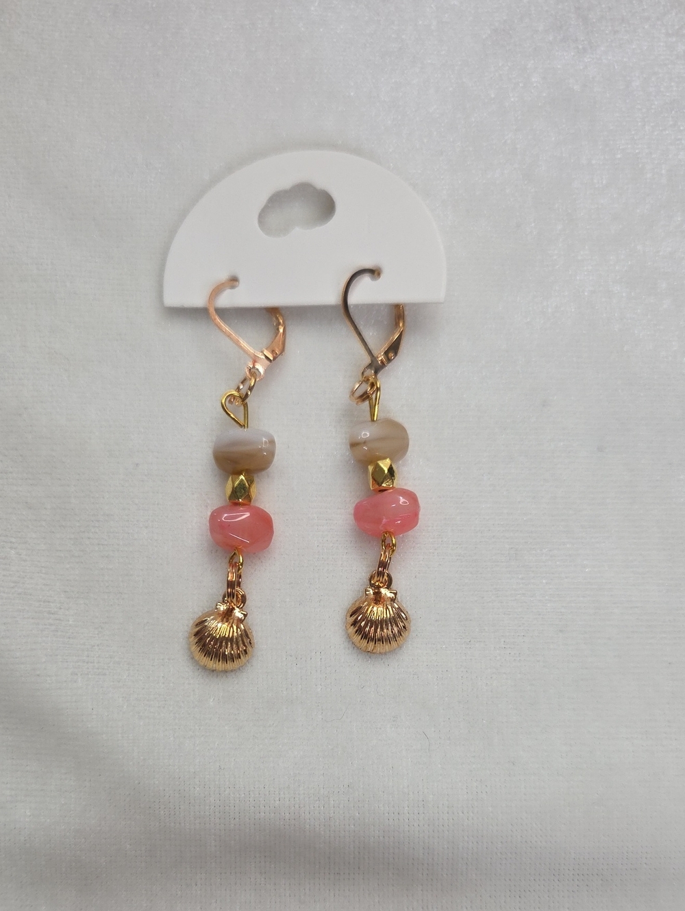 Handcrafted Pink Cream Gold Seashell Pierced Earrings Gold Tone Earrings Unique
